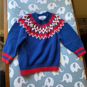 Classic Prep Blue and Red Patterned Crewneck Sweater